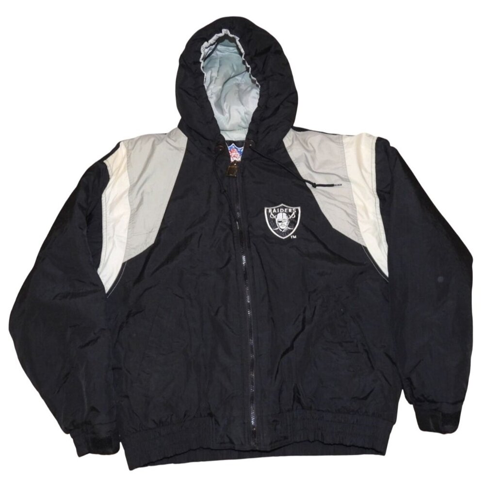 Vintage 1990s Oakland Raiders Hooded Puffer NFL Game Day Black Coat Jacket Large